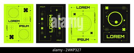 Poster design template in trendy y2k style with simple abstract grid shapes and patterns on acid neon green and black background. Vector banners set with wireframe elements in 90s and 00s aesthetic. Stock Vector