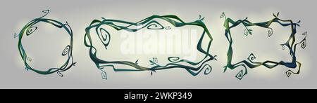 Liana frames set isolated on background. Vector cartoon illustration of round, square, rectangle shape borders, curvy jungle tree branches, tropical ivy decoration with green leaves, game ui design Stock Vector
