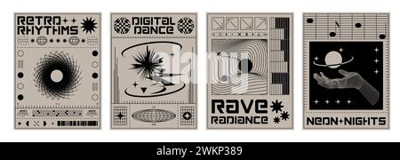 Y2k aesthetic science banners. Vector illustration of retrowave style posters with wireframe hand, planet globe, landscape shapes on gray background, retro futuristic vibe art, 90s aesthetic flyers Stock Vector