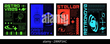 Retro futuristic techno posters set. Vector illustration of retrowave aesthetic banners with wireframe space satellite, radar, planet globe, moon icons on black background, y2k vibe flyer templates Stock Vector