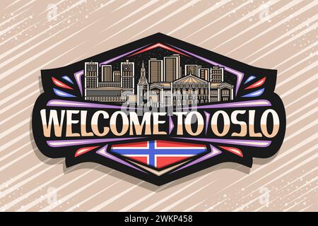 Vector logo for Oslo, dark decorative badge with outline illustration of famous european oslo city scape on dusk sky background, art design patriotic Stock Vector