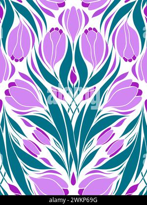Vector seamless pattern with geometric crocuses. Surface design with silhouette of spring flowers on white background. Texture with floral bouquet Stock Vector