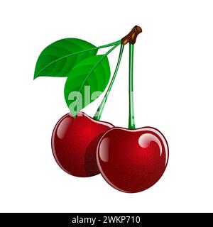 Illustration of two vector juicy cherries with leaves on a white background Stock Vector