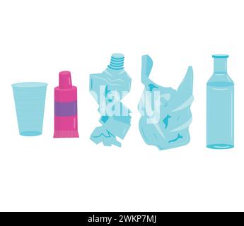 set of plastic waste. Bottles, tubes, bags, cups. Vector illustration isolated on white background. Stock Vector