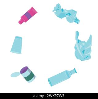 Waste set. Bottles, tubes, bags, cups. Vector illustration isolated on white background. Stock Vector