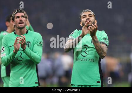 Milan, Italy. 20th Feb, 2024. Italy, Milan, february 20 2024: Angel Correa (Atl. Madrid) greets the fans in the stands at the end of soccer game FC Inter vs Atletico de Madrid, UCL 2023-2024, round of 16 1st leg (Photo by Fabrizio Andrea Bertani/Pacific Press) Credit: Pacific Press Media Production Corp./Alamy Live News Stock Photo