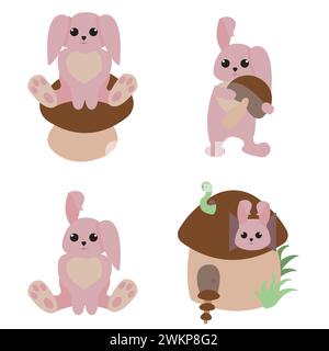A set of cute bunnies and mushrooms. Designed for children's products and Easter cards. Vector illustration isolated on white Stock Vector