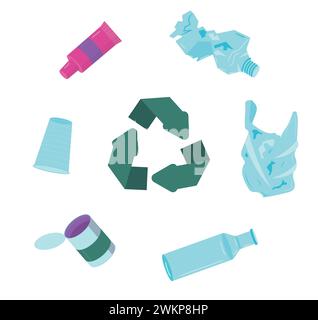 Waste set. Bottles, tubes, bags, cups. Vector illustration isolated on white background. Stock Vector