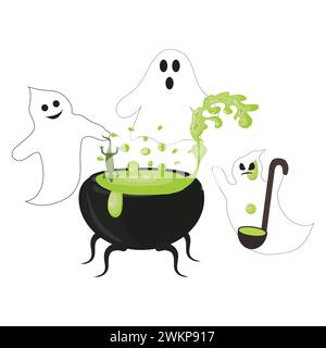 Three ghosts are brewing a magic potion in a cauldron. Vector illustration for Halloween. Stock Vector