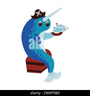 A cute narwhal pirate sits on a treasure chest and plays with a sailing ship model. Children's illustration is Stock Vector