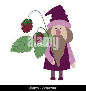 Dwarf characters. Cute, funny gnomes with a beard. Little men with twigs, berries and raspberry leaves on a light green Stock Vector