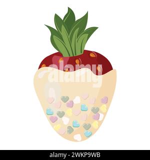 Strawberries in white chocolate, decorated with multi-colored sprinkles in the form of hearts. Vector illustration isolated on white background. Stock Vector
