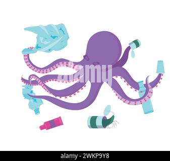 Scavenger octopus. The concept of pollution of the ocean and the environment with waste and plastic. Vector illustration isolated on Stock Vector