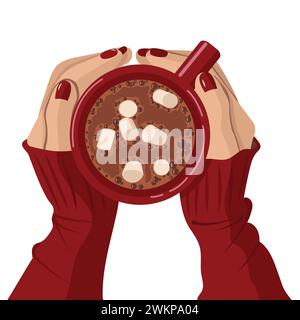 Red mug of cocoa with marshmallows in female hands, top view. Flat illustration isolated on white background. Stock Vector