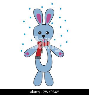 Bunny catches snowflakes with her tongue. Cute childish art in cartoon style. Vector illustration isolated on white background. Stock Vector