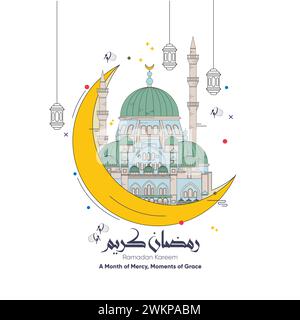 Elegant Ramadan Kareem with popular Islamic iconic elements greeting card. Iconic building of Süleymaniye Mosque and crescent. Stock Vector
