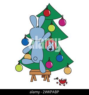Bunny decorates the Christmas tree. Cute childish art in cartoon style. Vector illustration isolated on white background. Stock Vector