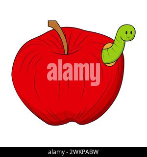 Apple Worm, illustration of an apple with a worm inside. Vector illustration isolated on white background. Stock Vector