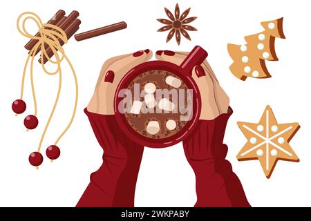 Red mug of cocoa with marshmallows in female hands. Nearby lie cinnamon sticks and a flower, gingerbread in the shape Stock Vector