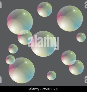 Transparent soap bubbles with iridescent gradient on a gray background. Abstract vector illustration. Stock Vector