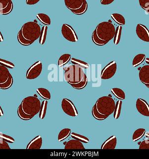 Pattern with Cookies on blue background, chocolate cookies with cream filling, hand drawn doodle. For packaging design. Vector illustration Stock Vector