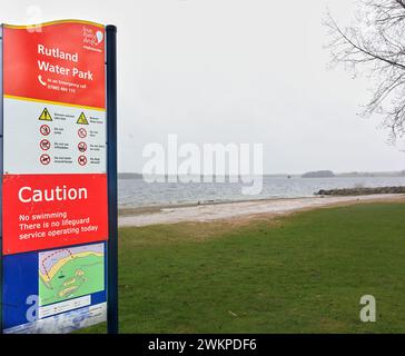 Beach closed at Rutland Water park lake (reservoir) on a wet, rainy