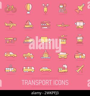 Transport icon set in comic style. Car vector cartoon collection illustration on isolated background. Shipping transportation splash effect business c Stock Vector