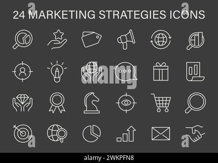 Marketing Strategies Icons Set. A collection of line icons representing key marketing strategies including SEO, social engagement, and analytics. Flat vector illustration. Stock Vector