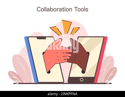 Unified technology concept. Two hands engaging from digital devices symbolize remote collaboration. Partnership through innovative tech tools. Flat vector illustration Stock Vector