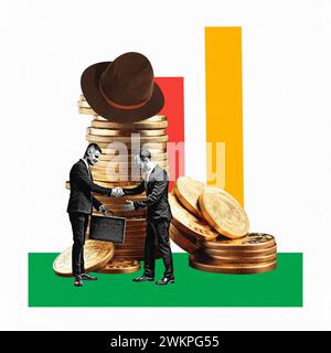 Poster. Contemporary art collage. Two entrepreneurs shaking hands against background with golden coins. Stock Photo