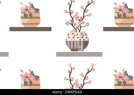 spring floral pattern with flowers and branches in pots. Vector illustration in old money style. Golden decoration on pots and spring branch and cherry flowers Stock Vector