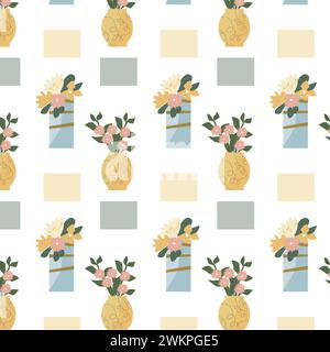 spring flowers in vase and simple shapes pattern. Vector illustration can used for interior decoration stickers, posters. Golden decor on pots.  Stock Vector