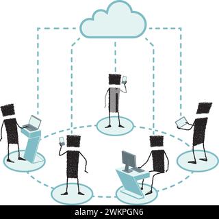 Illustration of a group of stick figures connected to the Internet cloud with different mobile devices (cell phone, laptop, tablet, PC). Stock Vector