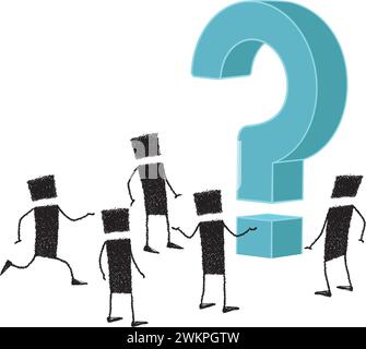 On the floor there is a huge question mark. A group of stick figures approach to look at the question mark. Stock Vector