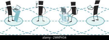 Silhouettes of a group of stick figures connected with one another in a row. Each one is using a different mobile device (mobile, laptop, tablet, PC) Stock Vector