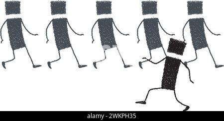 Several people walking in the same direction. Only one person dares to walk in the opposite direction. He walks happy, confident. Stock Vector