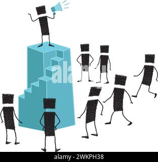 A stick figure is speaking through a megaphone, climb on top of a pedestal. Below, a group of people come to listen. Stock Vector