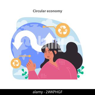 Circular economy concept. Illustration of recycling and sustainable living. Encouraging eco-friendly choices and resource conservation. Flat vector illustration. Stock Vector