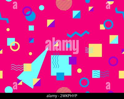 Memphis seamless pattern with geometric shapes in 80s and 90s style. Geometric shapes of different shapes and colors. Design of promotional products, Stock Vector