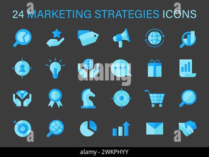 Marketing Strategies Icons Set. A collection of line icons representing key marketing strategies including SEO, social engagement, and analytics. Flat vector illustration. Stock Vector