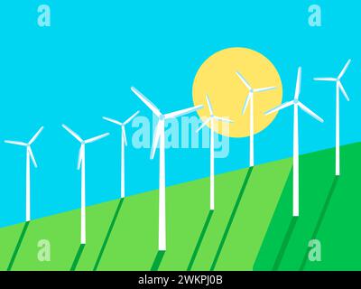 Landscape with wind turbines. Green energy concept, wind turbine silhouettes. Renewable energy, clean electricity production. Eco-friendly wind energy Stock Vector