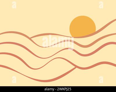 Line art landscape in a minimalist style. Wavy landscape with the sun on the horizon. Boho decor for interior design. Mid-century modern decor. Design Stock Vector
