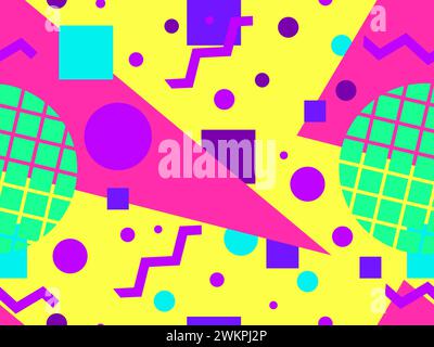 Memphis seamless pattern with geometric shapes in 80s and 90s style. Geometric shapes of different shapes and colors. Design of promotional products, Stock Vector