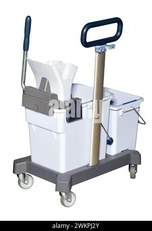 The professional cleaning trolley is lightweight and maneuverable, equipped with functional plastic containers. Isolated on a white background. Stock Photo