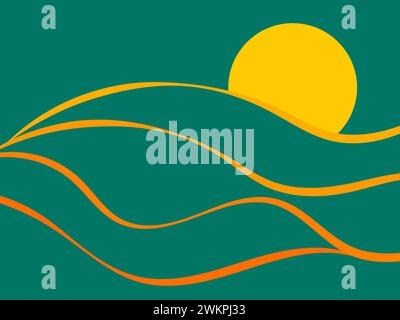 Line art landscape in a minimalist style. Wavy landscape with the sun on the horizon. Boho decor for interior design. Mid-century modern decor. Design Stock Vector