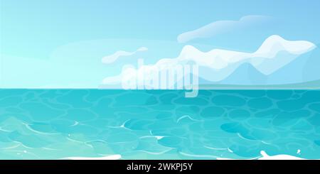 Ocean summer beach sea seashore, coastline with mountains on horizon. Seaside landscape, tropical beach landscape. Vector illustration Stock Vector