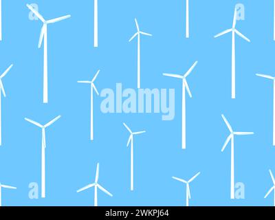 Wind turbines seamless pattern. White silhouettes of wind turbines. Green energy concept, renewable energy, clean electricity production. Eco-friendly Stock Vector