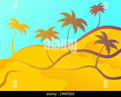 Line landscape outline with palm trees on a blue background. Summer tropical landscape in a minimalist style. Design for printing t-shirt and banner. Stock Vector