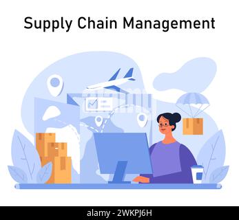 Supply Chain Management concept. An expert orchestrates global logistics with the aid of technology, ensuring efficient transportation and delivery. Flat vector illustration Stock Vector