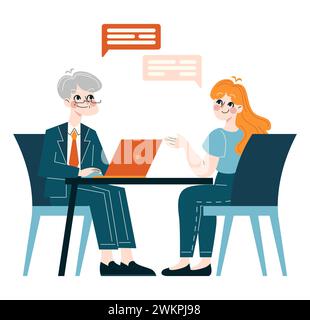 Corporate communication concept. A businessman and businesswoman engaged in a productive discussion at a desk with laptops, exchanging ideas. Flat vector illustration Stock Vector